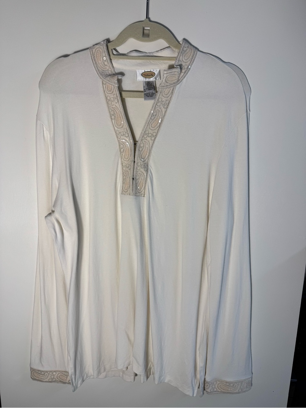 Talbots Cream Long Sleeve V-Neck Top with Embellished Trim